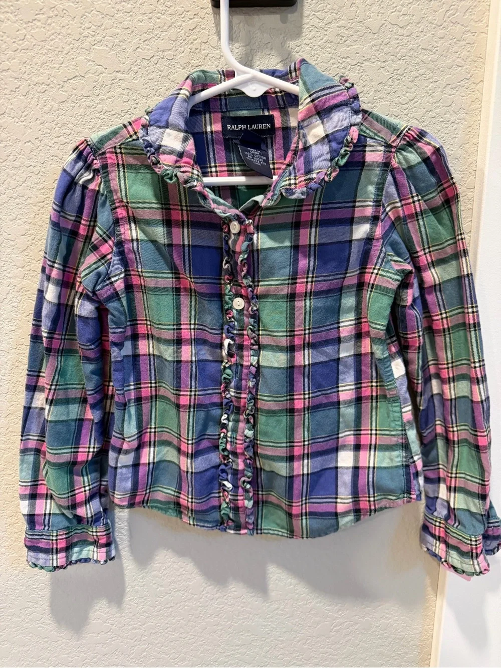 Ralph Lauren Girls Ruffle Plaid Button-Down — Green, Purple & Pink